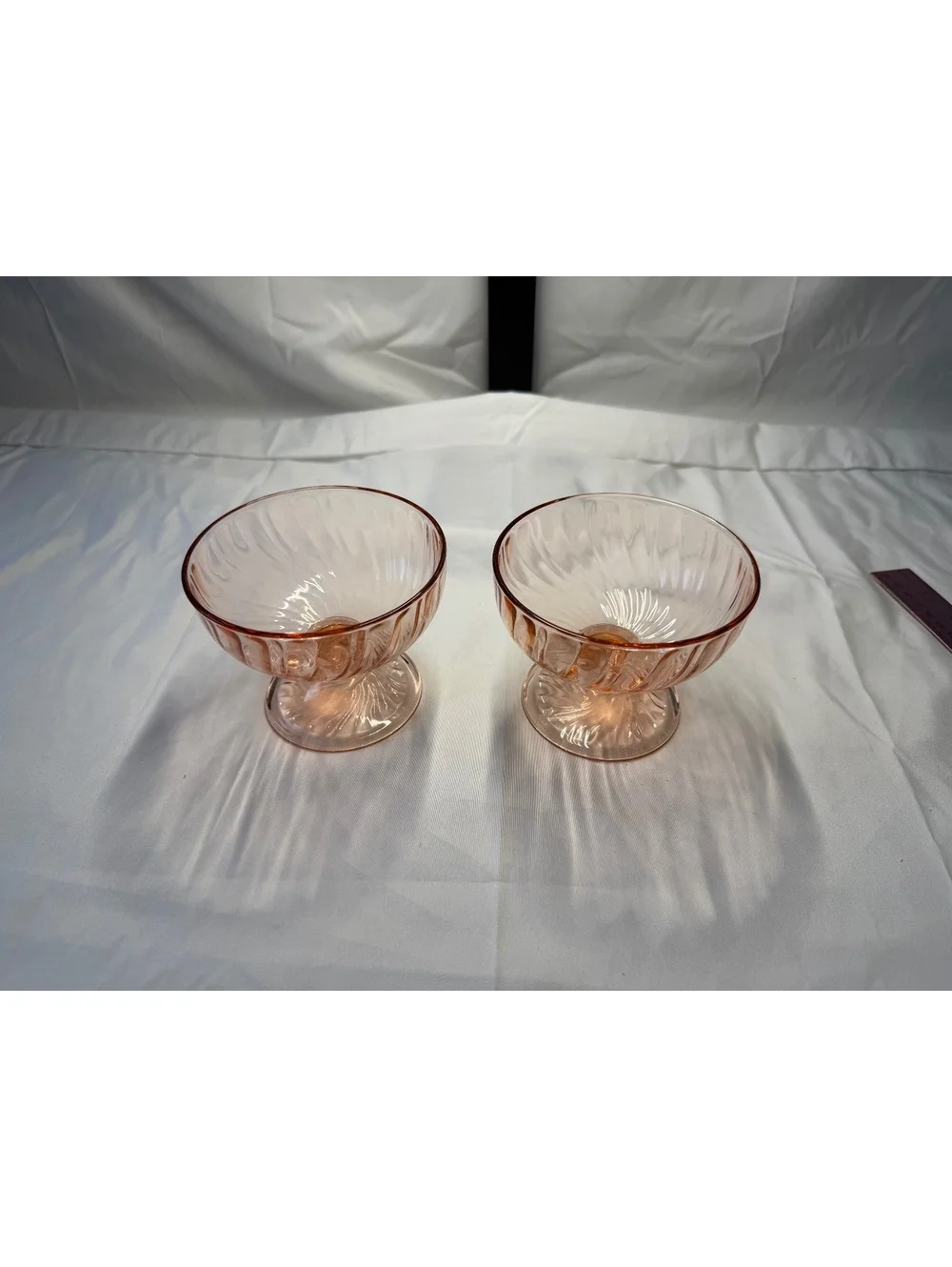 Pair Pink Depression Glass Spiral Optic Pedestal Candy Dishes Swirl Bowls 5”